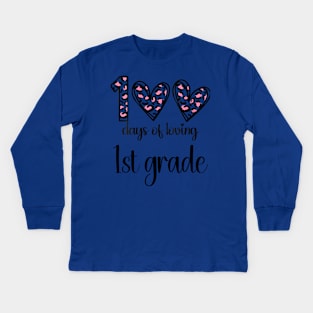 100 Days Of Loving 1st Grade 100th Of School Leopard Heart Kids Long Sleeve T-Shirt